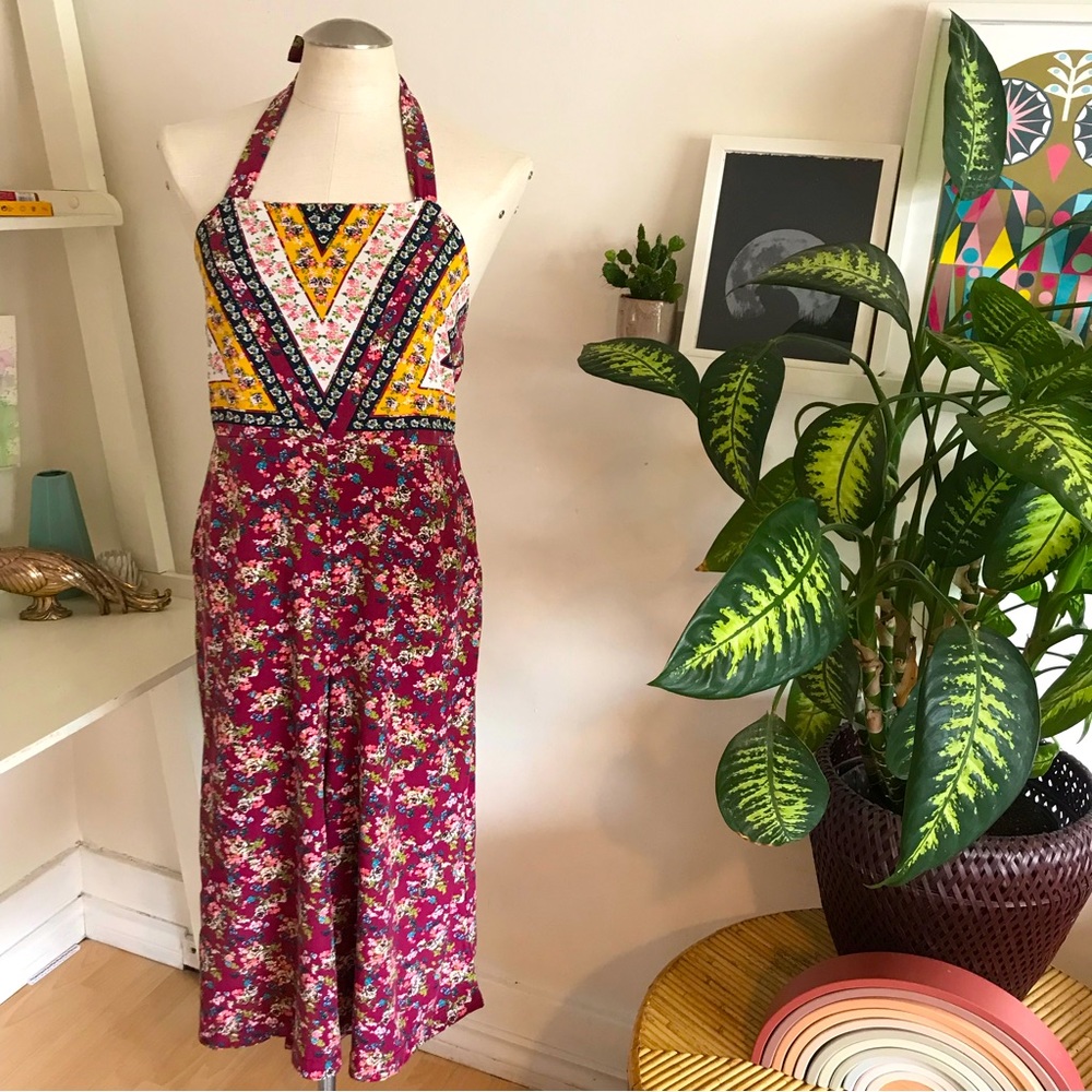 Halter Neck Mid-Length Jumpsuit, Quilted-Look Floral, Burgundy, Size Small